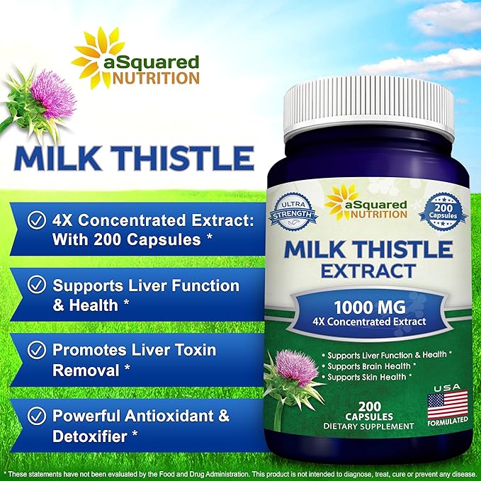 aSquared Nutrition Milk Thistle Supplement - 200 Capsules, Max Strength 4X Concentrated Extract 4:1 Milk Thistle Seed Powder Herb Pills, Silymarin Extract for Liver Support, Cleanse, Detox
