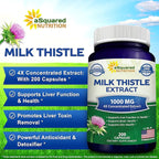 aSquared Nutrition Milk Thistle Supplement - 200 Capsules, Max Strength 4X Concentrated Extract 4:1 Milk Thistle Seed Powder Herb Pills, Silymarin Extract for Liver Support, Cleanse, Detox