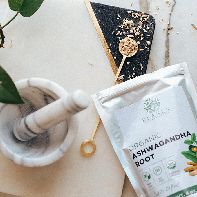 Elanen Naturals Organic Ashwagandha Root 4 oz. (113g), USDA Certified Organic Ashwagandha Root Loose Leaf Tea, Dried Withania somnifera, Cut & Sifted