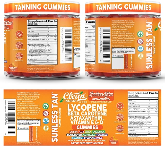 Sunless Glow Lycopene Beta Carotene Tanning Gummies Astaxanthin Vitamin C D E Flax Seed Selenium Amla l Tyrosine PABA Black Pepper 60 Count Strawberry Banana Flavor By Clean Nutra