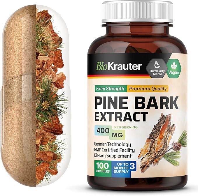 BIO KRAUTER® Pine Bark Extract for Circulatory & Antioxidant Support - Vegan French Maritime Pine Bark Herbal Supplements - Natural Antioxidants & Skin Support - 400 mg per Serving, 100 Сapsules