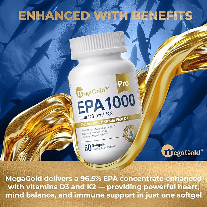Pro Fish Oil EPA 1000mg Omega 3 with Vitamins D3 & K2 - Omega 3 Fatty Acid Supplements, Burpless Fish Oil Capsules for Men and Women - 60 Count Mini Softgels