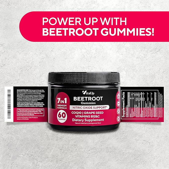 Beet Root Gummies – Beetroot Supplement with CoQ10, Grape Seed, Vitamin C, B12 & B3 – Nitric Oxide Gummies for Circulation Support – Beet Supplement for Energy & Immune Support – 60 Beets Chews