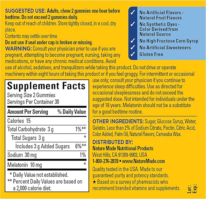 Nature Made Time Release Melatonin Gummies 10mg per Serving, Maximum Strength Dosage Sleep Aid for Adults, 100% Drug Free, 60 Gummies, 30 Day Supply