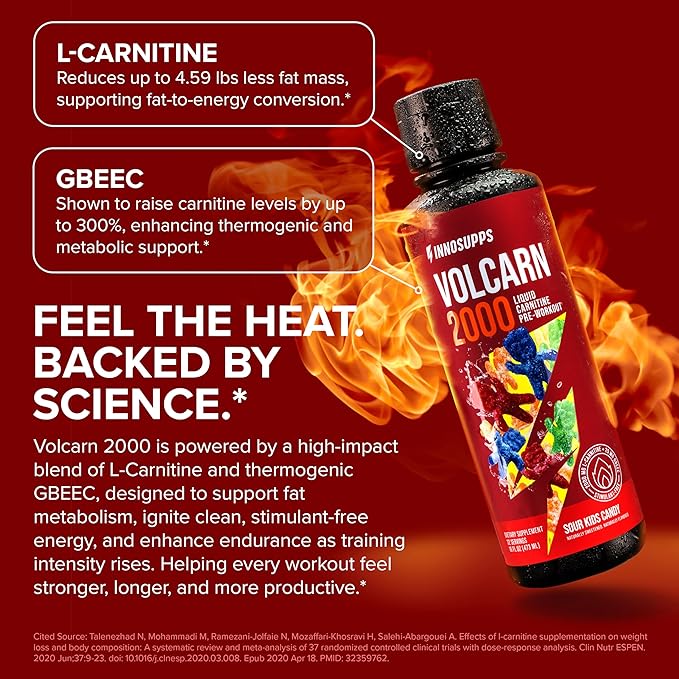 InnoSupps Volcarn 2000 - L-CARNITINE Advanced Energy Liquid | ATP Enhancer with GBEEC | Boosts Energy, Enhances Focus, Caffeine Free, No Artificial Sweeteners | 32 Servings (Sour Kids Candy)