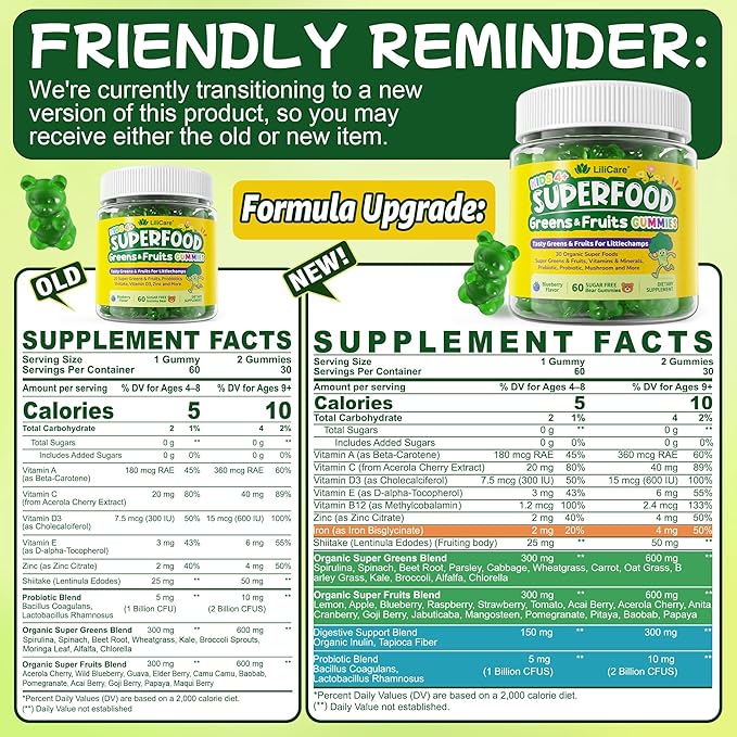 Kids Super Greens Gummies, Superfood Multivitamin for Kids, 30 Veggie, Fruit, Vitamin, Mineral, Probiotic, Kids Vitamin Gummies for Growth, Immunity, Digestion, Picky Eater Approved, Sugar Free 2Pack