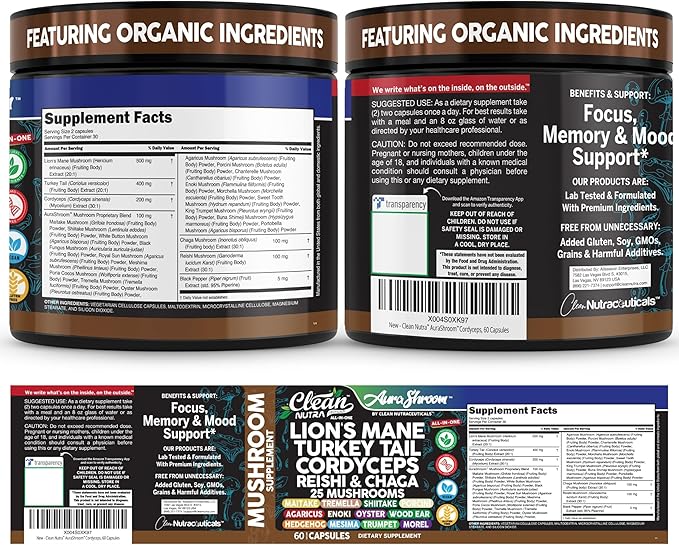 AuraShroom Mushroom Supplement Lions Mane Turkey Tail Cordyceps Reishi Shiitake Chaga Oyster Stress Relief Immune Support Nootropic Energy Portobello Mushrooms 60 Capsules By Clean Nutra