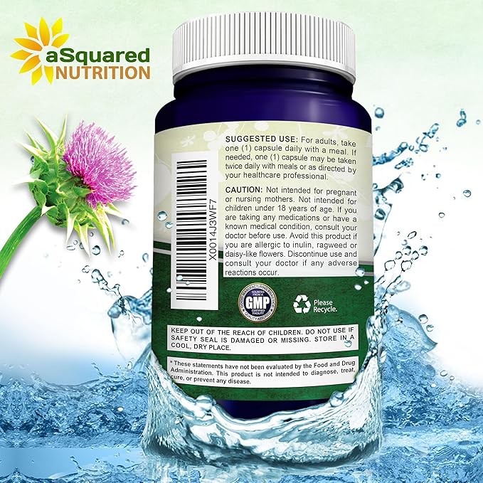 aSquared Nutrition Milk Thistle Supplement - 200 Capsules, Max Strength 4X Concentrated Extract 4:1 Milk Thistle Seed Powder Herb Pills, Silymarin Extract for Liver Support, Cleanse, Detox