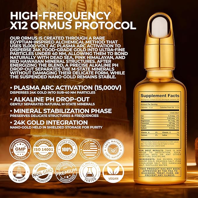 X12 Ormus Monoatomic Gold - Liquid Trace Mineral Blend with 24K Gold – Made by Real Alchemists - Dead Sea & Himalayan Salt - 4 fl oz