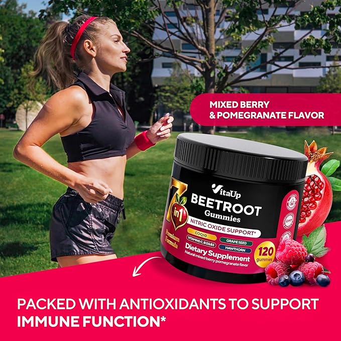 VitaUp Beet Root Gummies – Beetroot Supplement with CoQ10, Grape Seed, Vitamin C, B12 & B3 – Nitric Oxide Gummies for Circulation Support – Beet Supplement for Energy & Immune Support – 120 Beet Chews