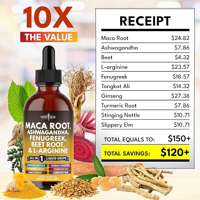 Organic Maca Root Liquid Drops with Ashwagandha, Nettle, Fenugreek, Beet Root and L-Arginine Liquid Multivitamin for Women and Men - 8oz