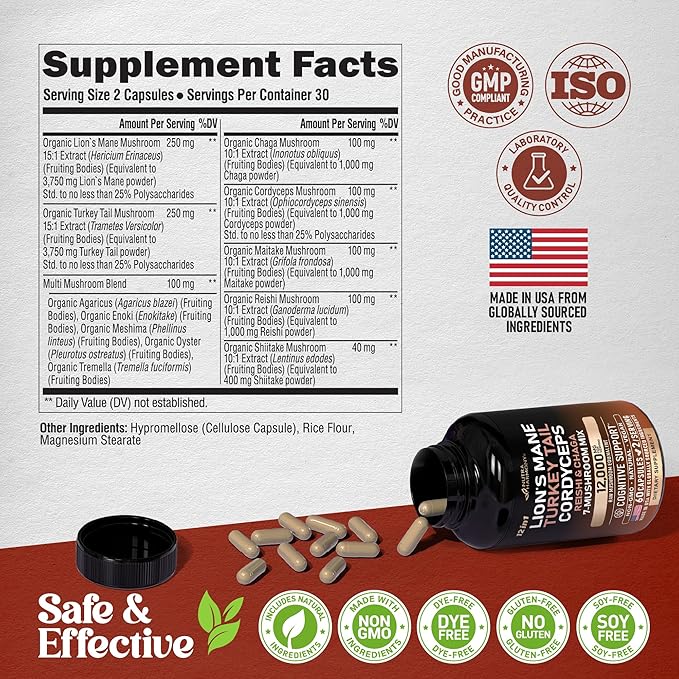 Mushroom Supplement - Organic Lions Mane | Turkey Tail | Chaga | Cordyceps | Reishi | Maitake | Shiitake | Meshima | Tremella | Oyster | Agaricus - Made in USA - Non GMO, Gluten Free - 60 Capsules