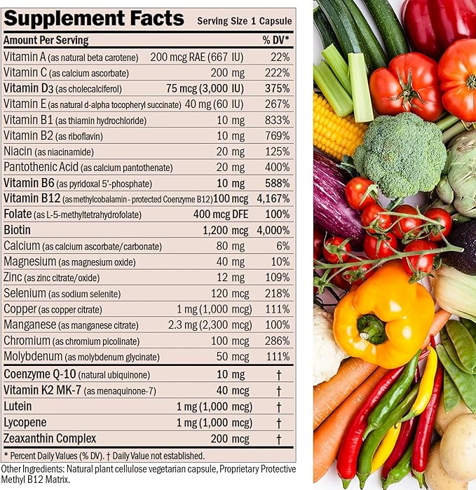 ANDREW LESSMAN Essential-1 nuonce max Multivitamin 3000 IU Vitamin D3 60 Small Capsules. 100 mcg Methyl B12. CoQ10 Lutein Lycopene Zeaxanthin. High Potency. No Additives. Ultra-Mild One Daily Capsule