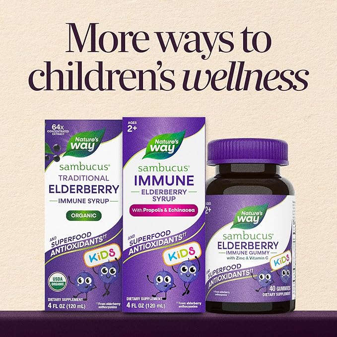 Nature's Way Sambucus Kids Immune Elderberry Syrup, Black Elderberry Extract with Echinacea & Propolis, Traditional Immune Support for Children with Superfood Antioxidants(1), Berry Flavored, 8 Fl Oz