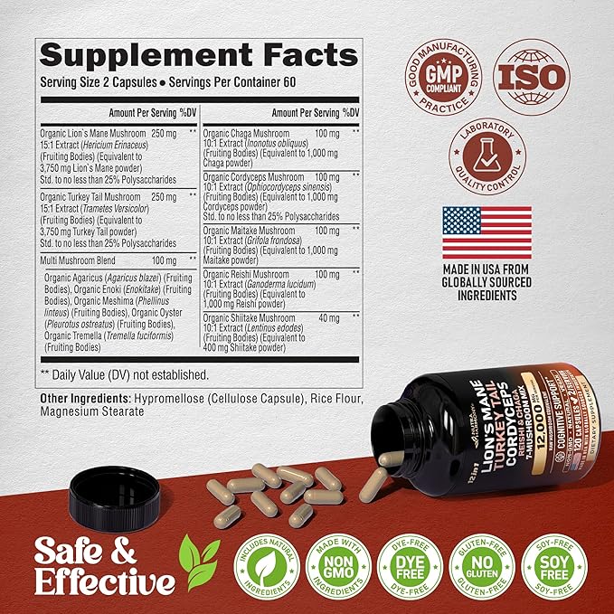 Mushroom Supplement - Organic Lions Mane | Turkey Tail | Chaga | Cordyceps | Reishi | Maitake | Shiitake | Meshima | Tremella | Oyster | Agaricus - Made in USA - Non GMO, Gluten Free - 120 Capsules
