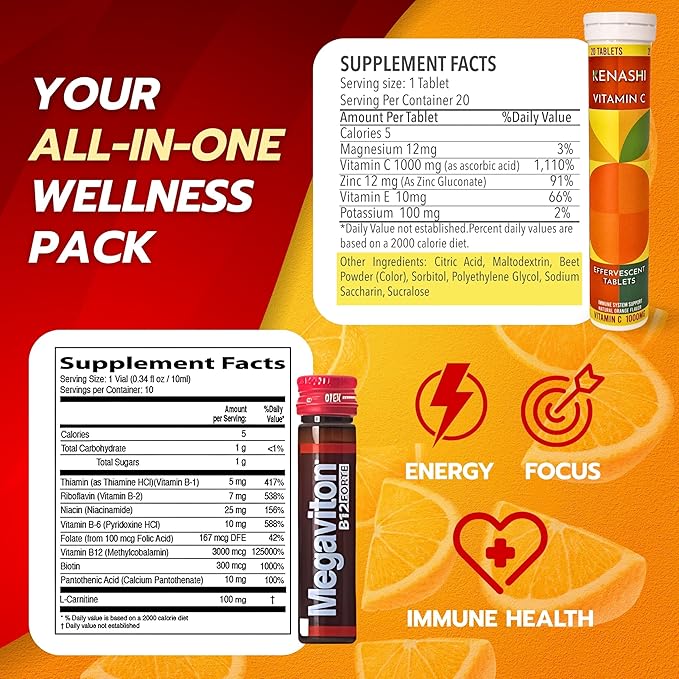 Vitamin B12 Methylcobalamin Liquid Forte 10 Drinkable Vials + Kenashi Vitamin C Effervescent Tablets with Zinc 1000mg Orange Flavor | Vitamin B12 Liquid Energy Boost