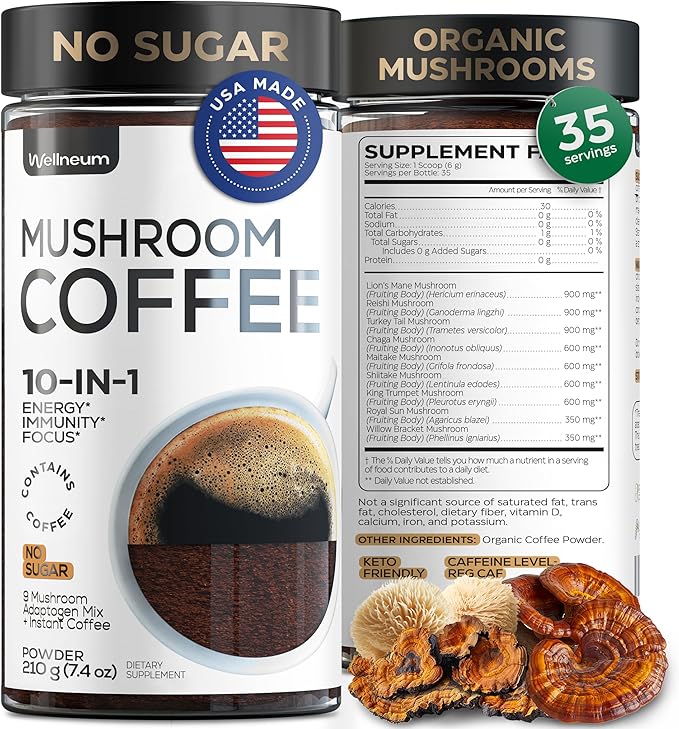 Mushroom Coffee - French Roast Style Instant Coffee + Lion’s Mane 900mg for Focus + Reishi, Chaga & Turkey Tail - 10-in-1 Mushrooms Fruiting Body Adaptogen Blend, Sugar Free, 35 Servings
