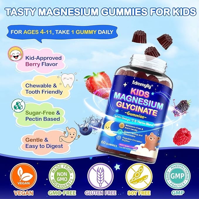 Kids Magnesium Glycinate Gummies - Magnesium Glycinate Supplement 200mg with L-theanine Omega-3 Calcium Vitamin D3 & B12 for Kids Natural Zzz at Bedtime & Overall Health - Sugar Free & Non-GMO