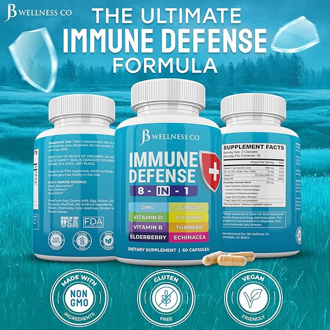JB Wellness Co Immune Support 8 in 1 Capsules - Zinc Supplement, Vitamin D3, Vitamin C and Elderberry - Immune Booster with Echinacea, Ginger Root, and Turmeric - [2-Pack]