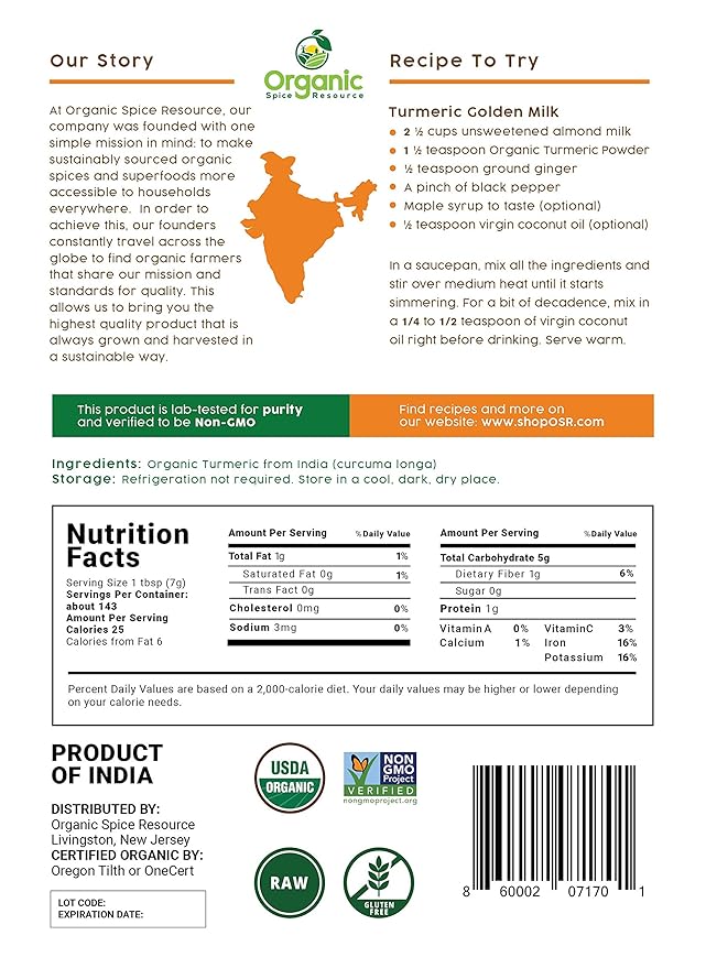 Organic Turmeric Powder w/Curcumin | 35.27 Ounce / 2.2 LBS | USDA Organics and Non-GMO | Lab Tested for Heavy Metal and Purity | 100% Raw and Natural by OSR