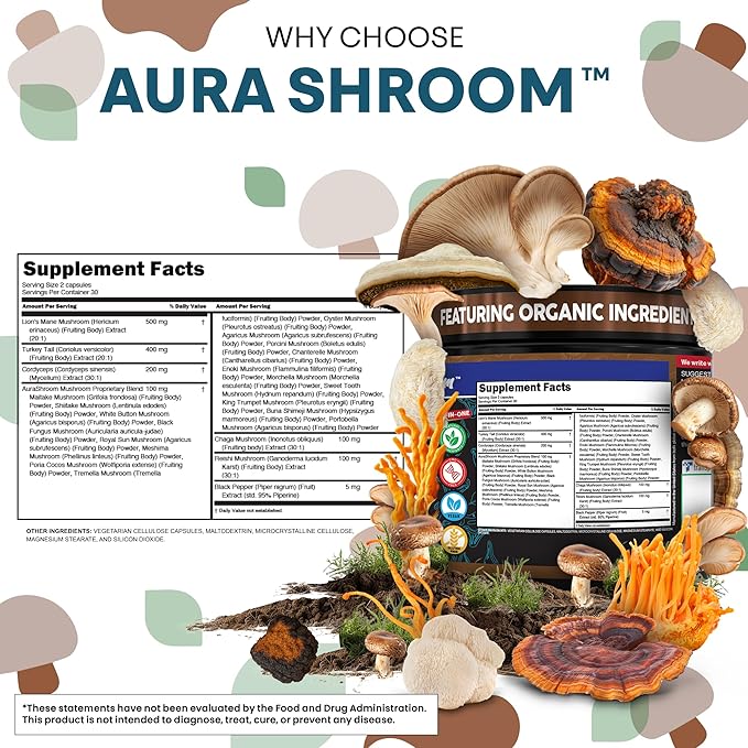 AuraShroom Mushroom Supplement Lions Mane Turkey Tail Cordyceps Reishi Shiitake Chaga Oyster Stress Relief Immune Support Nootropic Energy Portobello Mushrooms 60 Capsules By Clean Nutra