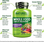 NATURELO Whole Food Multivitamin + Immune Blend with Elderberry & Mushrooms - Complete Multivitamin with Extra Immune Support - C, D3, Zinc, Elderberry, Reishi, Shitake - 60 Vegan Capsules