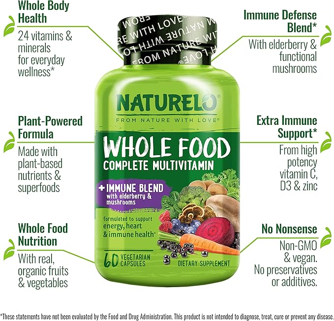 NATURELO Whole Food Multivitamin + Immune Blend with Elderberry & Mushrooms - Complete Multivitamin with Extra Immune Support - C, D3, Zinc, Elderberry, Reishi, Shitake - 60 Vegan Capsules