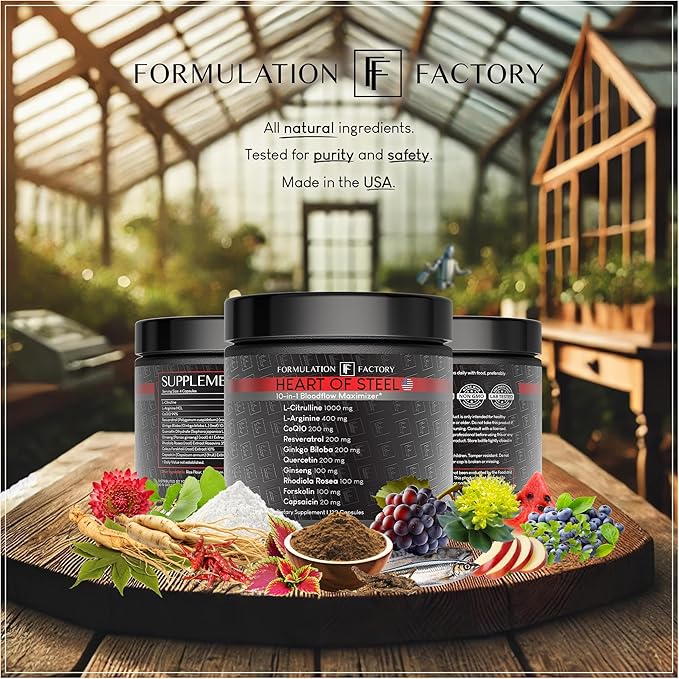 Formulation Factory Heart of Steel Nitric Oxide Supplement - L Citrulline & L Arginine Blood Pressure Supplements - Natural Pre-Workout: Energy Management - 360 Capsules, 3 Month Supply