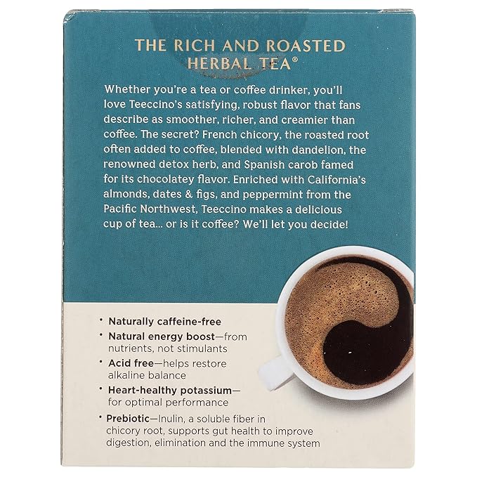 Teeccino Dandelion Root Tea - Mocha Mint - Caffeine Free, Roasted Herbal Tea with Prebiotics, 3x More Herbs than Regular Tea Bags, Gluten Free - 10 Tea Bags (Pack of 4)