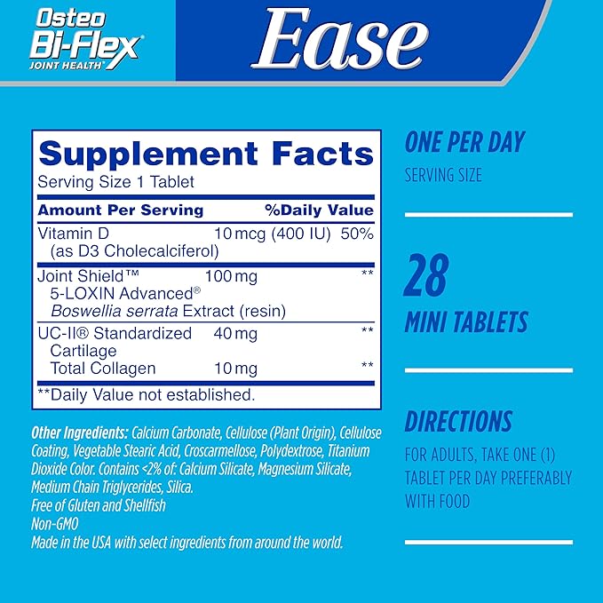 Osteo Bi-Flex Ease Mini Tablet Triple Action UC-II Collagen Supplement with Vitamin D, Improve Joint Function, Strength, Flexibility, Mobility 28 Mini Tabs