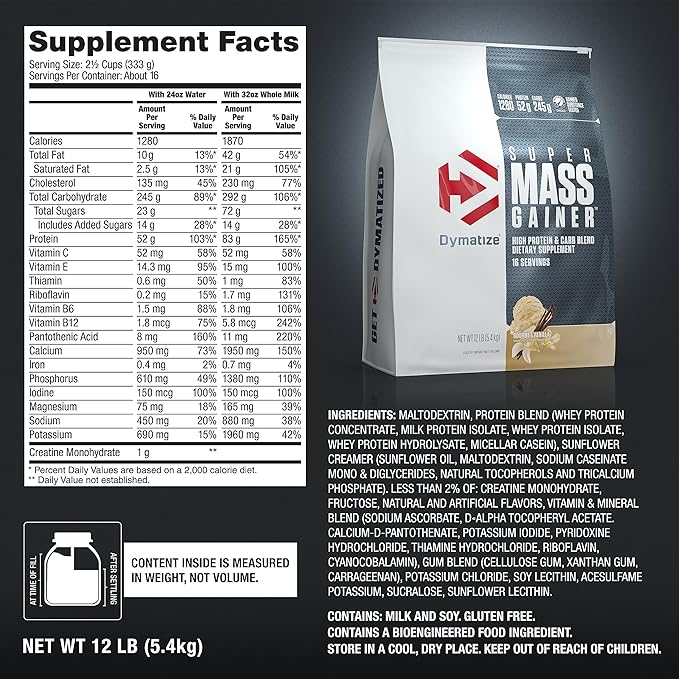 Dymatize Super Mass Gainer Protein Powder, Gourmet Vanilla, 52g Protein, 1g Creatine, 1280 Calories, 10.7g BCAAs, 245g Carbs, Contains Whey Protein, Isolate, and Casein (16 Servings)