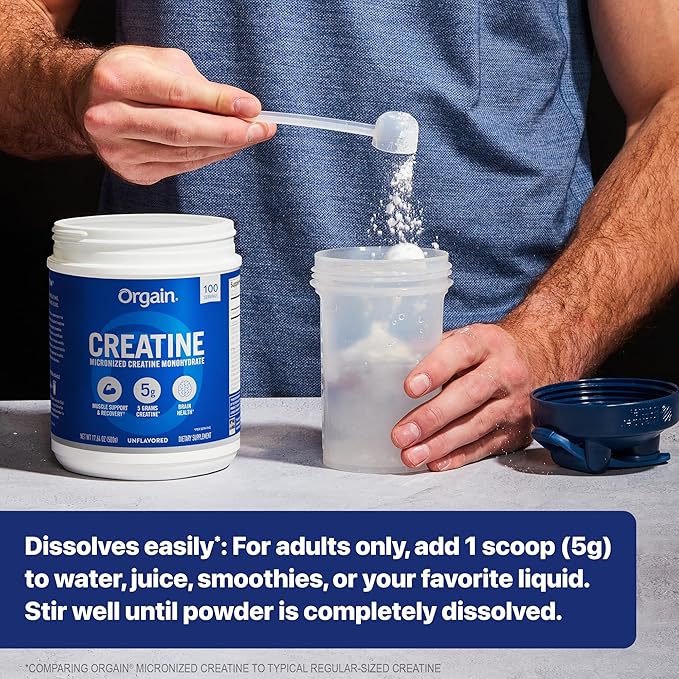 Orgain Creatine Monohydrate Micronized Powder,100 Servings,Unflavored,Supports Muscle Growth,Post Workout Recovery and Brain Health,No Artificial Additives,for Men & Women,Vegan,(Pack of 2)