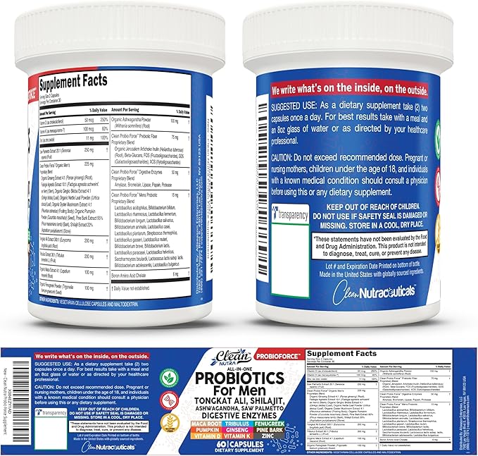 Clean Nutra Probiotics for Men | Tongkat Ali, Saw Palmetto, Tribulus, Ginseng, Ashwagandha, Maca, Pumpkin, Gingko Biloba, Pine Bark, Fenugreek, Shilajit, Zinc - Mens Probiotic 60 Capsules