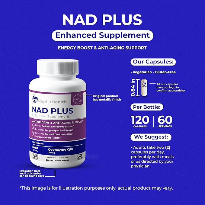 NAD | Advanced Energy & Anti-Aging Formula | with NAD and Coenzyme Q10 | Supports Heart & Cognitive Health | 120 Capsules - 60 Day Supply