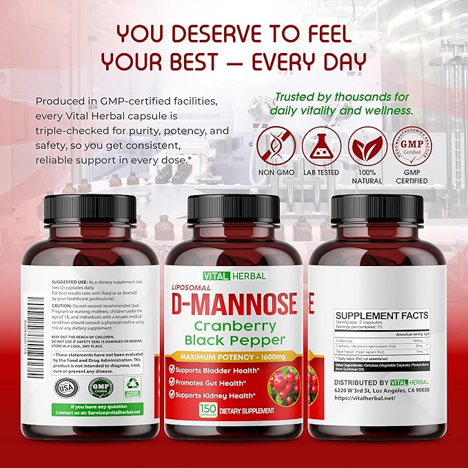 VITAL HERBAL Liposomal D-Mannose with Cranberry & Black Pepper – High Absorption Formula – Supports Urinary Balance, Digestive Comfort & Daily Wellness (90 Capsules)