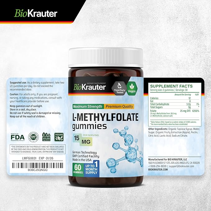 BIO KRAUTER® L Methylfolate Gummies for Folic Support - Folic Acid Gummies (Vitamin B9) MTHF Supplement for Mood Support - Folate Supplement 15 mg L-Methylfolate per Serving, 60 Vegan Gummies
