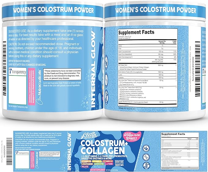 Bovine Colostrum Powder + Collagen Peptides with L-Glutamine L-Lysine Prebiotics Probiotics Digestive Enzymes Vitamin D K2 C Quercetin & Folate | Gut Health Supplement Internal Glow By Clean Nutra