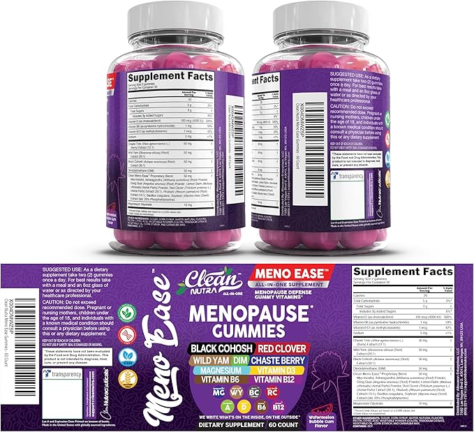 Menopause Supplement For Women Gummies with Black Cohosh, Wild Yam Magnesium, Red Clover For Menopause Relief Hormone Balance Night Sweats Mood Plus Bergamot, Vitamin D3, Vitamin B12, Vitamin B6 Clean
