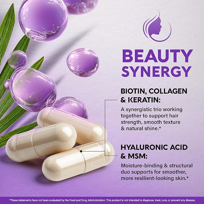 Biotin | Collagen | Hyaluronic Acid | Keratin - Clinically Tested Supplement - Hair Growth Support, Skin & Nails - 25000 mcg Vitamins B2, B3, B6 & B7 + B1 - Made in USA - Women & Men | 120 Capsules