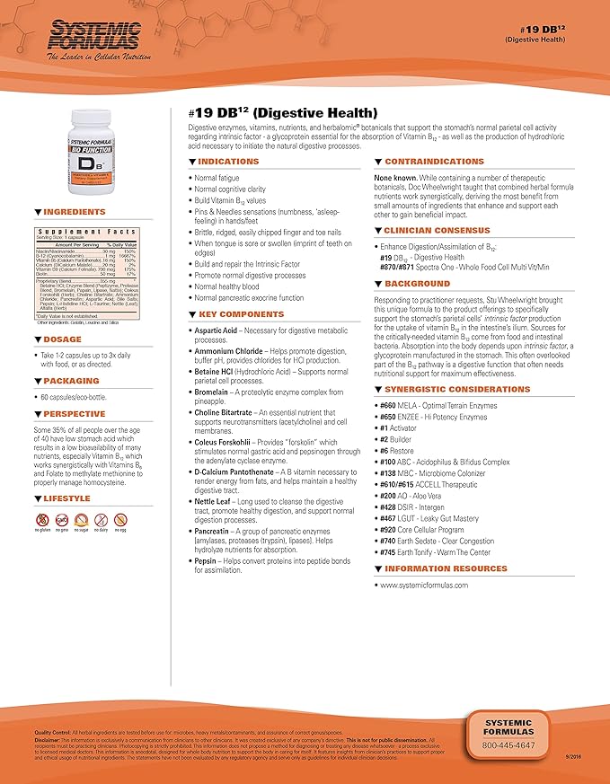Systemic Formulas DB12 Digest VIT. B12 - Digestives + Vitamin B12. B12 Formula with Enhanced B12 Absorption.