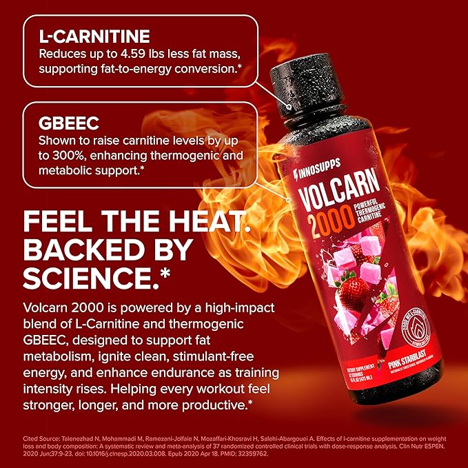 InnoSupps Volcarn 2000 - L-CARNITINE Pre-Workout Advanced Energy Liquid ATP Enhancer w/GBEEC Boosts Energy, Enhances Focus, Cognition & Supports Fat Metabolism, 32 Servings - Pink Starblast Flavor