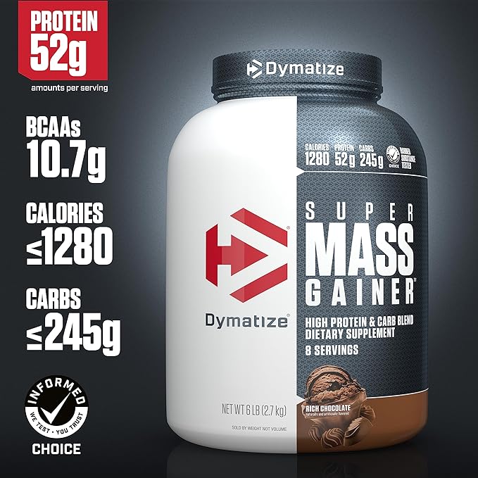 Dymatize Super Mass Gainer Protein Powder, Rich Chocolate, 52g Protein, 1g Creatine, 1280 Calories, 10.7g BCAAs, 245g Carbs, Contains Whey Protein Powder, Isolate, and Casein (8 Servings)