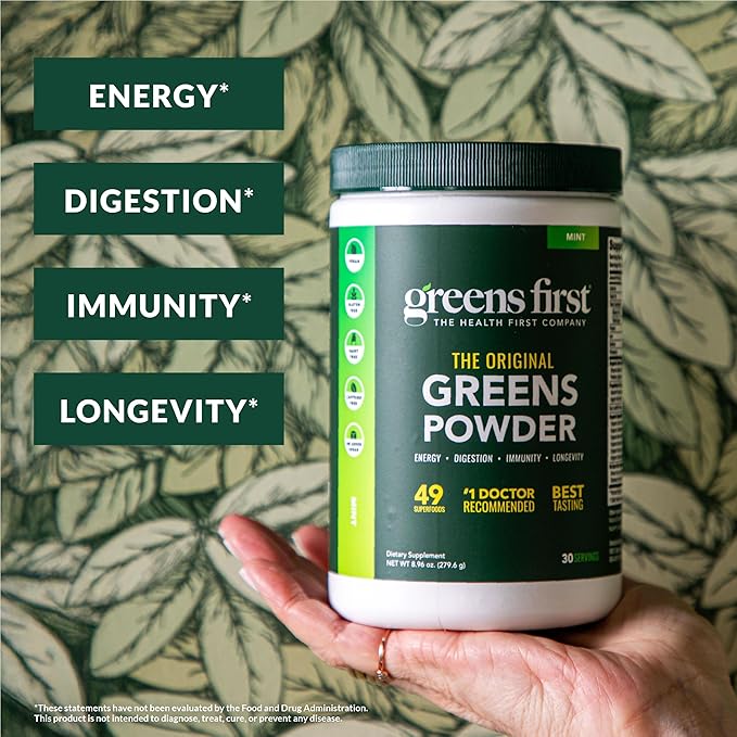 Greens First Original Greens Powder - 49 Superfoods - Organic Fruits & Veggies - Prebiotics, Probiotics & Digestive Enzymes - Antioxidant Smoothie - Dairy Free, Vegan & Non-GMO - Berry - 30 Servings
