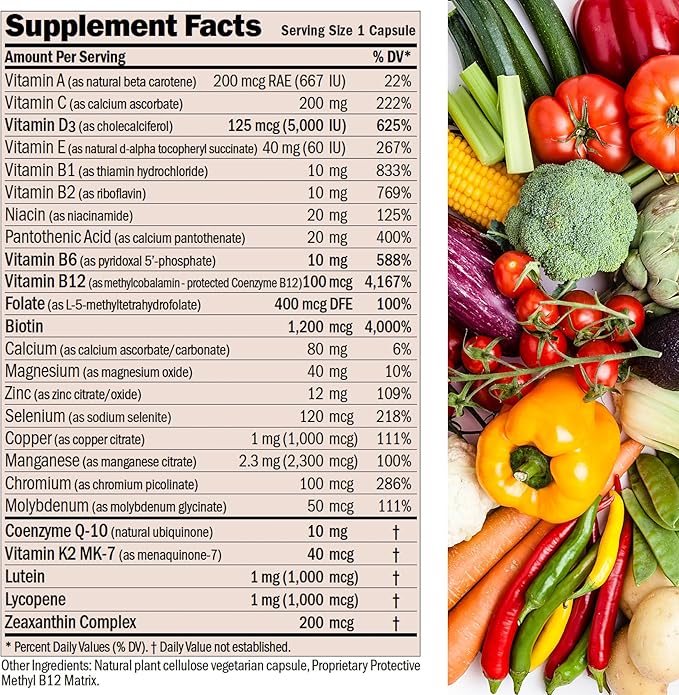 ANDREW LESSMAN Essential-1 nuonce max Multivitamin 5000 IU Vitamin D3 60 Small Capsules. 100 mcg Methyl B12. CoQ10 Lutein Lycopene Zeaxanthin. High Potency. No Additives. Ultra-Mild One Daily Capsule