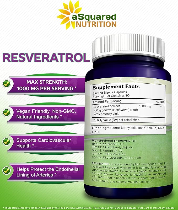 100% Natural Resveratrol - 1000mg Per Serving Max Strength (180 Capsules) Antioxidant Supplement, Trans-Resveratrol Pills for Heart Health & Pure, Polyphenols (Pack of 2)