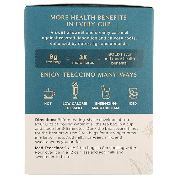 Teeccino Dandelion Caramel Nut Tea - 10 Tea Bags - Caffeine Free, Roasted Herbal Tea with Prebiotics, 3x More Herbs than Regular Tea Bags, Gluten Free