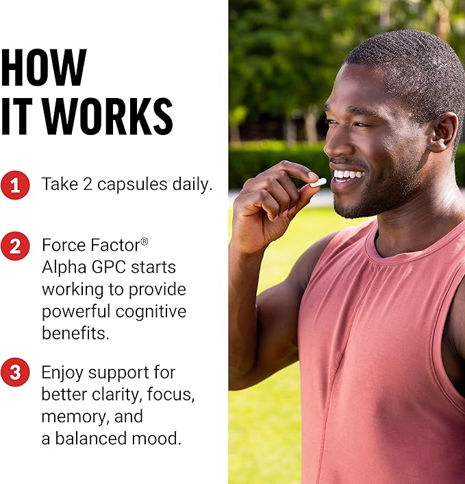Force Factor Alpha GPC Brain Supplement for Memory and Focus, Mood Support Supplement with Alpha GPC 600mg, Premium Quality, Vegan, Non-GMO, 60 Capsules