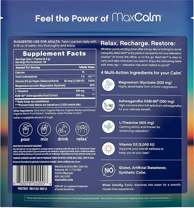 Relaxing Drink Mix | Raspberry-Lemonade Flavor | Magnesium & KSM-66 Ashwagandha Supplement | Supports Relaxation | 30 Single-Serve Packets