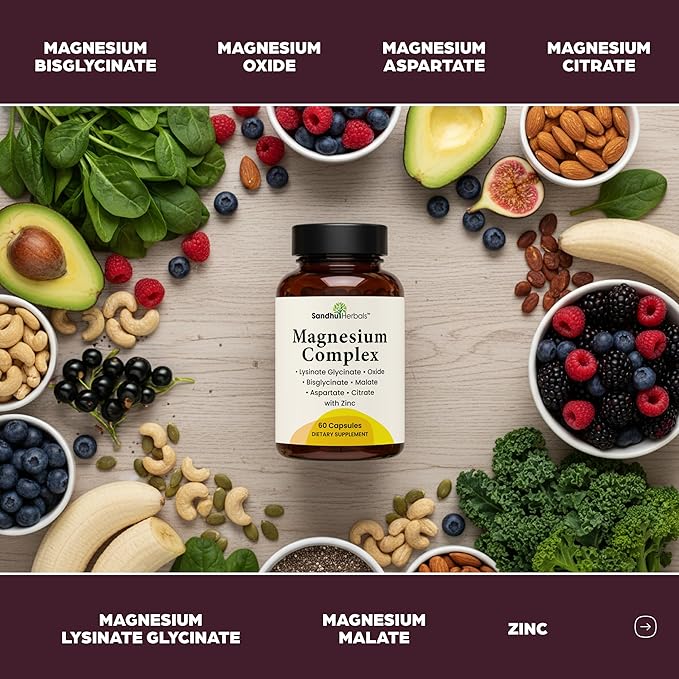 Complete Magnesium Complex 500mg for Women & Men | 60 Capsules | 6 in 1 Mag Supplement with Zinc | Quality Sleep & Muscle Health | Glycinate, Citrate, Malate, Oxide, Aspartate, Lysinate Glycinate