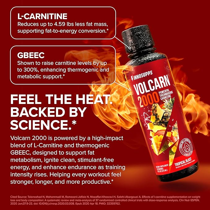 InnoSupps Volcarn 2000 - L-CARNITINE Advanced Energy Liquid | ATP Enhancer with GBEEC | Boosts Energy, Enhances Focus, Caffeine Free, No Artificial Sweeteners | 32 Servings (Tropical Blast)